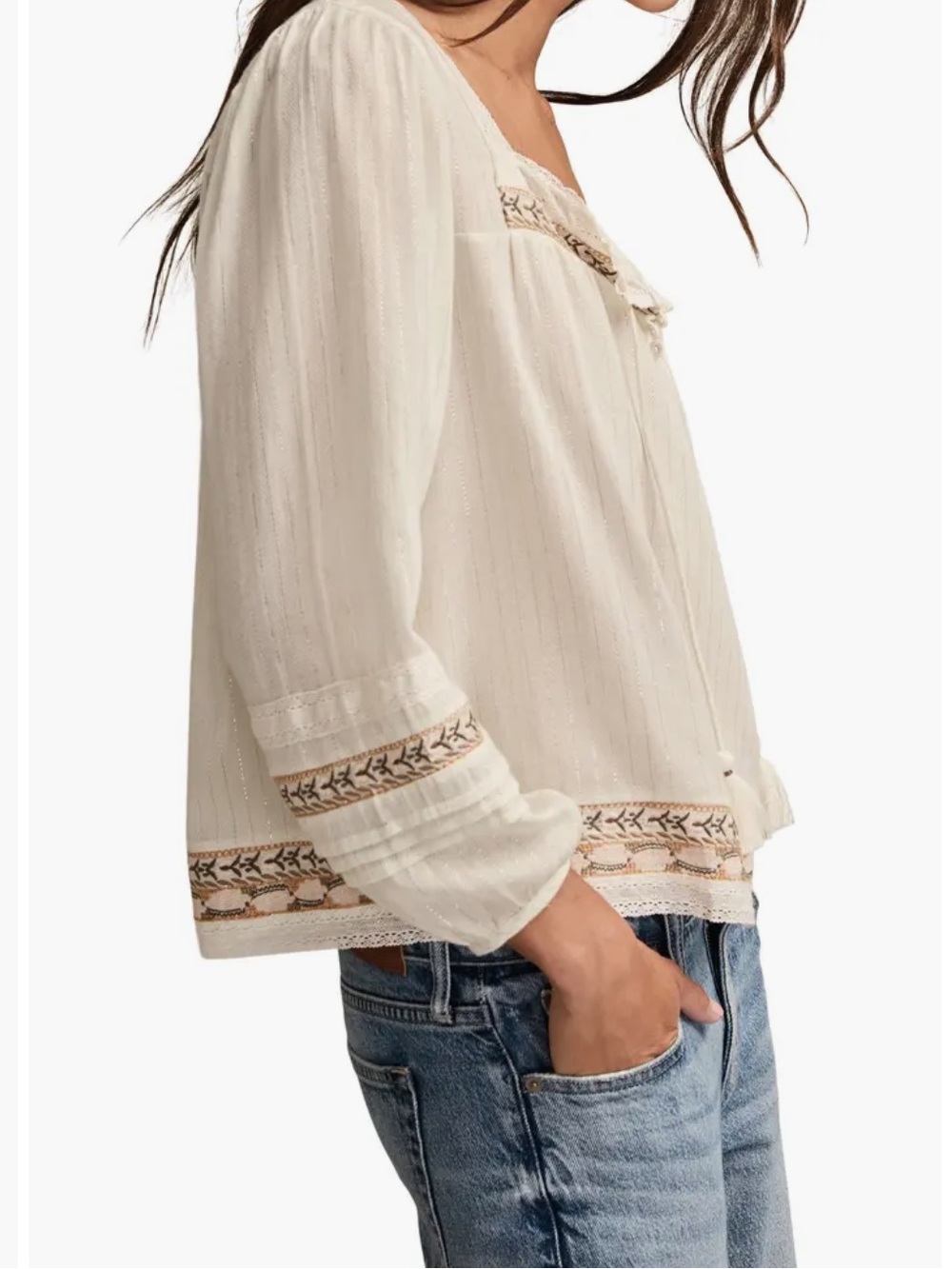 Lucky Brand Metallic Stripe Embroidered Cotton Peasant Top - Picture 6 of 6